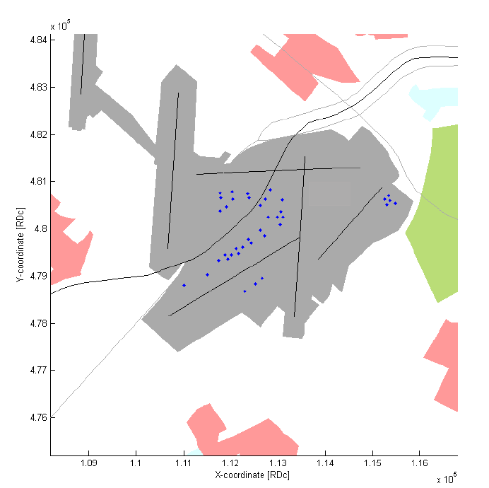 Figuur 4: links ligging APU bronnen en rechts taxiroutes (bron: KEMA rapport) De rekenmethode KEMA stacks is aangepast om rekening te houden met vliegverkeer.