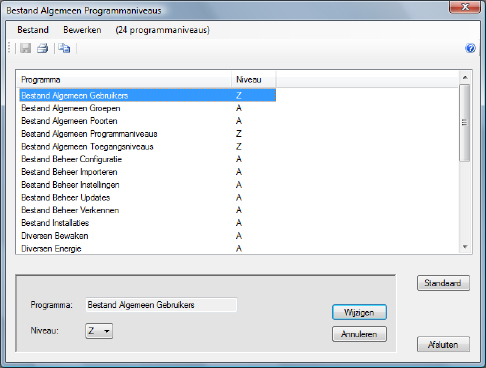 Bestand Algemeen Programmaniveaus Het is mogelijk om bepaalde programma-onderdelen af te schermen voor bepaalde gebruikers.