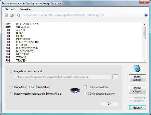 Handleiding OtcNet Bedienen Telecommunicatie Configureren Image functies Een Imagebestand is een kopie van de parameters welke in de Otc-unit zijn opgeslagen.
