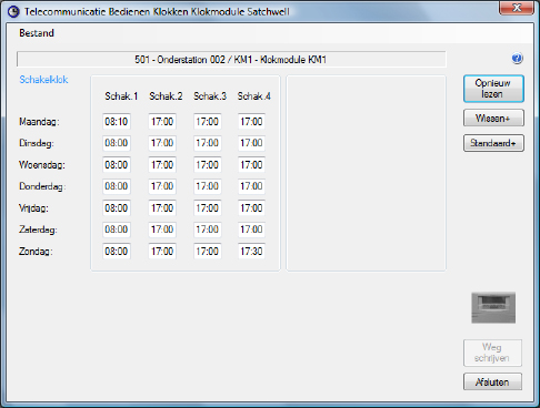 Telecommunicatie Bedienen Klokken Klokmodule Satchwell Met behulp van dit programma kunnen de tijden van de schakelklok worden gewijzigd. Per dag van de week zijn vier schakeltijden mogelijk.