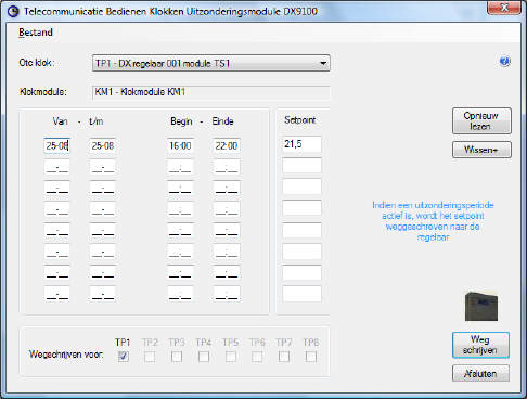 Handleiding OtcNet Bedienen Telecommunicatie Bedienen Klokken Uitzonderingsmodule Dx9100 Het ingeven van uitzonderingsdagen is alleen mogelijk indien een speciale kokkoppeling tussen de DX9100 en de