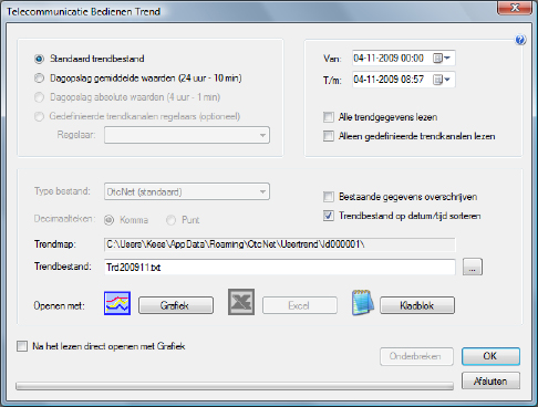 Handleiding OtcNet Bedienen Telecommunicatie Bedienen Trend Trendgegevens worden periodiek opgeslagen in de Optilog, System-91-log/ com of Optinet.