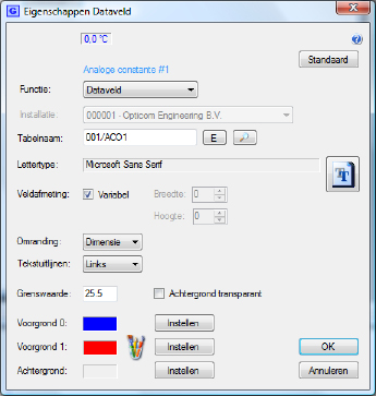 Bestand Installaties Grafisch indelen Eigenschappen Dataveld Een dataveld wordt gebruikt voor de weergave van een datapunt (item) van de Otc-unit of de regelaar.