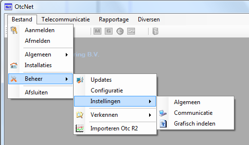 Handleiding OtcNet Bedienen Bestand Beheer Instellingen Met behulp van dit menu kunnen de algemene instellingen van het programma OtcNet worden