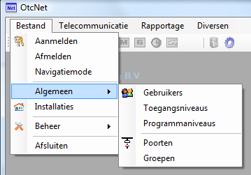 Bestand Met behulp van het menu Bestand kunnen de vaste instellingen van het programma OtcNet en de project- of installatiegegevens worden vastgelegd.