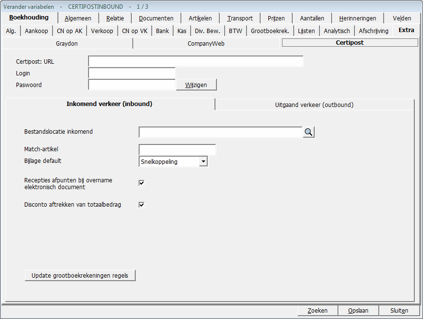 6 1.1.1.2 Verander variabelen (Direct menu: 4) Tabblad Inkomend verkeer URL (Helpkey 960250) Login (Helpkey 960246) Paswoord (Helpkey 960247) Bestandslocatie inkomend (Helpkey 960248) Match-artikel