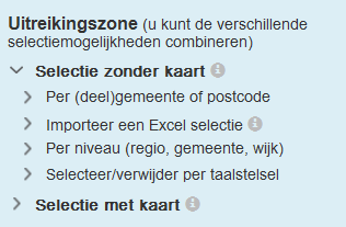 Bijkomende informatie over de wijken: Bij de selectie van een wijk is het mogelijk dat er nietgeselecteerde zones in de uitreiking worden opgenomen, maar die zones gaan nooit buiten de grenzen van