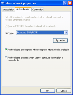 7. Selecteer bij EAP type Protected EAP (PEAP) 8. Vink Authenticate as computer when computer information is available aan. 9. Klik vervolgens op Properties. 10.