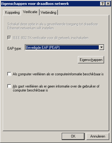 Onder het tabblad Koppeling : SSID: WiKHLim_secured Netwerkverificatie: WPA2 Gegevensversleuteling: AES Onder het tabblad Verificatie : EAP-type: Beveiligde EAP (PEAP) "Als computer verifiëren.