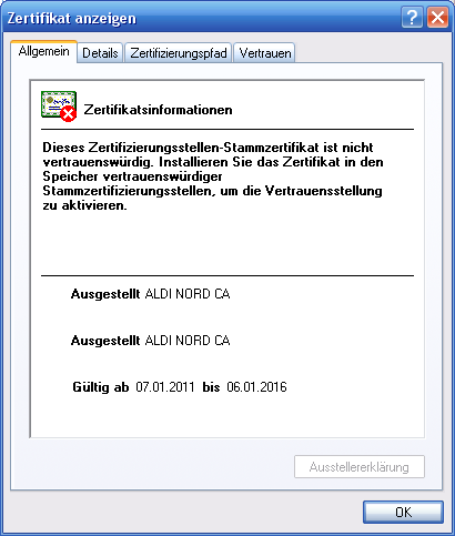 Het certificaat wordt weergegeven, controleer de gegevens en klik op Vertrauen (vertrouwen). U kunt het certificaat ook weergeven.