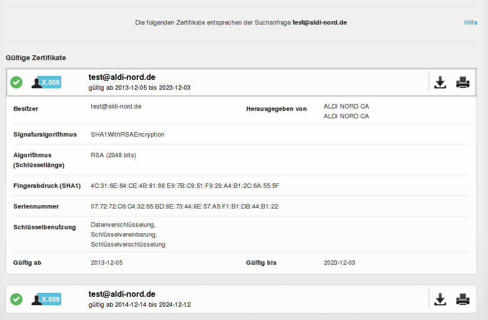 Voer het e-mailadres van de gewenste contactpersoon in, voer dan de beveiligingscode in en druk op "Suchen" (zoeken). Nu worden alle beschikbare certificaten getoond.