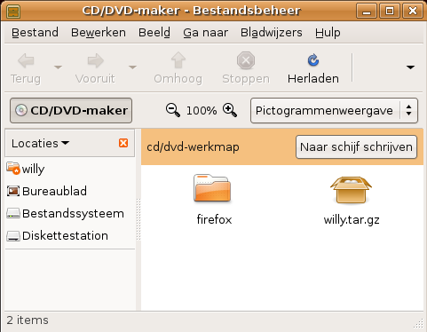 4. Klik op de Naar schijf schrijven knop. 5. Geef een naam op voor de CD. 6. Geef de snelheid van de schrijver in. 7. Klik Schrijven. Met deze toepassing kan je ook DVD's schrijven. Figuur 10.4. CD/DVD werkplaats 10.
