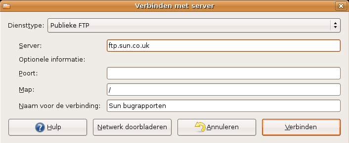 Zowel grafisch als tekstueel zal je een FTP servernaam moeten ingeven. Via de grafische weg kan je de mappen op de FTP server raadplegen door het ikoon te openen dat op je bureaublad verschijnt.