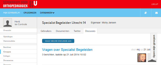 Wat bevindt zich in de groep: discussies Onder het tabblad Discussies vind je discussies en mededelingen die door groepsgenoten zijn aangemaakt.