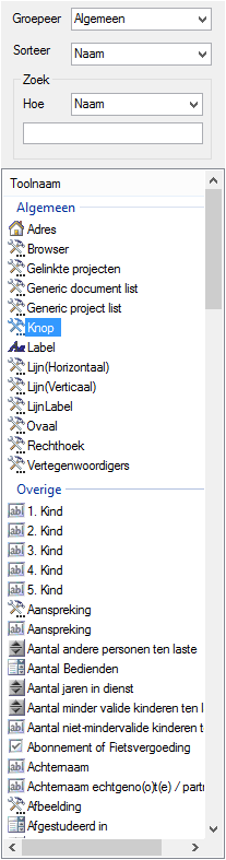 3 De Toolbox Het is mogelijk om te zoeken en sorteren in de toolbox. Het zoekveld is enkel zichtbaar wanneer gewenst. Om het zoekveld te tonen of te verstoppen klikt u op in de taakbalk.