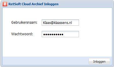 10.3 Inloggen in de cloud Gebruikers die met RetSoft Archief Beheer toegang tot het cloud-archief hebben gekregen kunnen nu met het eigen e-mailadres en wachtwoord direct inloggen via https://cloud.