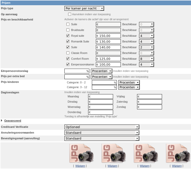 MaxEngine Backoffice Arrangementen / Rates Prijs type Kies hier hoe de prijs van het arrangement in de MaxEngine wordt weergegeven.