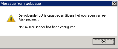 Wanneer de SMTP server configuratie nog niet voltooid is zal de volgende fout optreden na het klikken op de Verstuur nu button. 4.