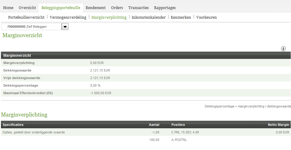 Online Bankieren Beleggingsportefeuille Marginverplichting Dit scherm geeft uw marginverplichting in verhouding tot de dekkingswaarde van uw