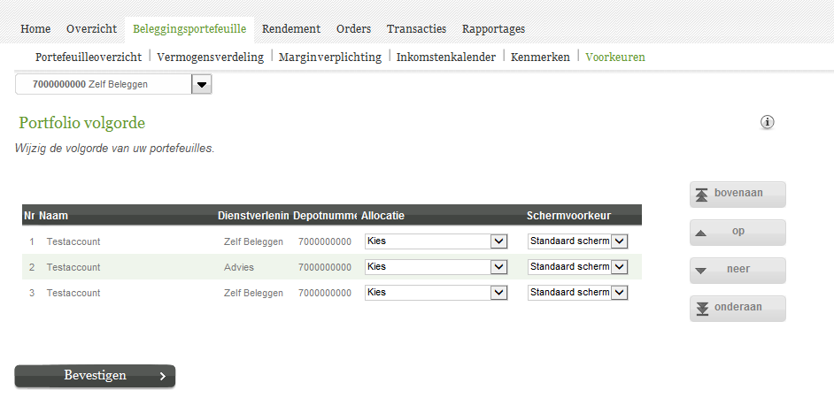 Online Bankieren Beleggingsportefeuille Kenmerken Het scherm Kenmerken laat algemene specificaties van uw effectenrekening zien, waaronder het rekeningnummer, overeengekomen risicoprofiel = Geen,