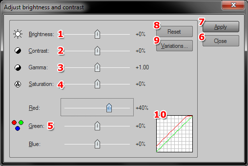 108 Helderheid en contrast Deze methode werkt als volgt. Selecteer een bitmap en klik op de rechtermuistoets. Selecteer uit de popup de optie "Helderheid en contrast bijstellen".