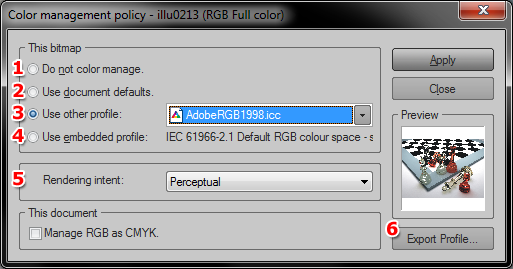 122 Hier selecteert u het profiel wat gebruikt wordt voor RGB bitmaps. CMYK Hier selecteert u het profiel wat gebruikt wordt voor C MYK bitmaps.