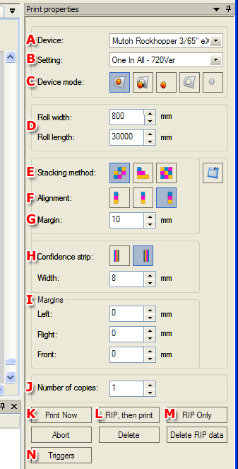 372 A Apparaat Het specifieke apparaat waar de print op uitgevoerd zal worden. B Instelling De instellingen die u wilt gebruiken voor dit apparaat.