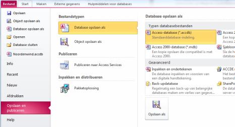 Klik op het tabblad Bestand en kies voor Opslaan & Publiceren Kies voor Database opslaan als: het type Access-Database (*.accdb) en druk op de Opslaan als knop.