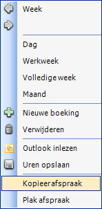 Afspraak kopiëren Klik met de rechtermuisknop op een reeds ingevoerde afspraak en kies voor: Kopieer afspraak. Ga naar de dag waarop u de afspraak wilt plakken.