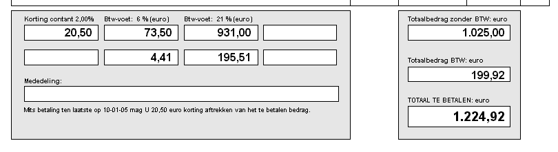 Deel 2d: Hoofdstuk 1 Oplossing oefeningen Aankoopdagboek OEFENING AANKOOPBOEK 5: Een aankoopfactuur van de firma Eigenhardt NV voor tuinmeubelen, die u daar zelf afgehaald heeft.