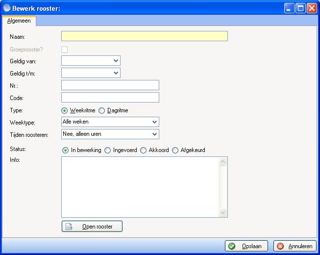 12.1. Rooster bewerken Als een rooster wordt gemaakt/geopend komt u terecht in het roosterscherm. U kunt hier ondermeer een naam en een geldigheid opgeven.