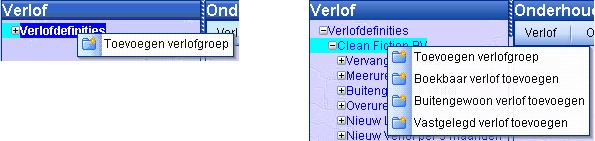 Klikken op een van de bestaande versies van een verlofdefinitie zorgt voor het openen ervan in het Onderhoudsscherm.