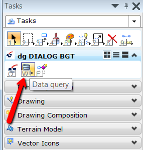 Deze werkwijze kan vereenvoudig worden door Custom tools te gebruiken In de dgn. Klik in het dg DIALOG BGT menu op Connecten naar database De verbinding met de database wordt nu aangemaakt.