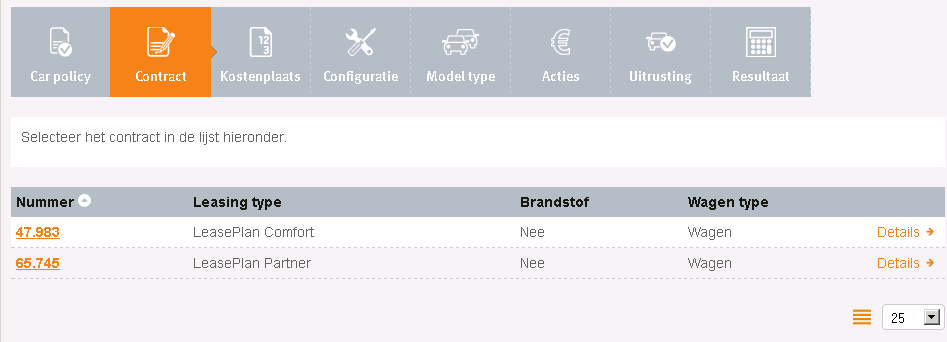 Om een van de car policies uit de lijst te kiezen, moet u op de policyomschrijving klikken In het geval de gebruiker de keuze heeft uit meerdere contracten, bestaat de volgende stap er in om een