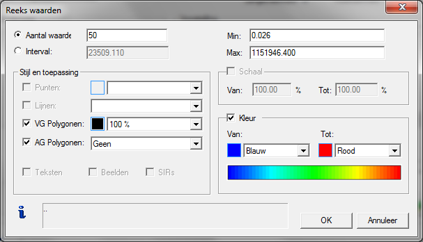 interval of het aantal categorieën kan ingegeven worden, alsook een kleurschakering van-tot. Automatische Opvulling Opvulling van thematische kaarten kan automatisch gebeuren.