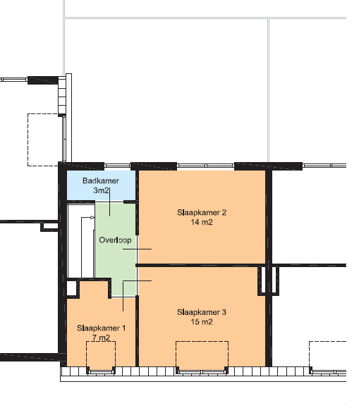 2 e Verdieping 3 slaapkamers (7, 14 en 15m 2 ) Efficiënte badkamer met