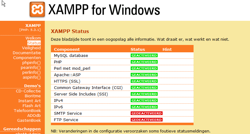 3.1 Nog meer testen. We klikken op Status. Hier kun je mooi zien dat de meeste componenten geactiveerd zijn.