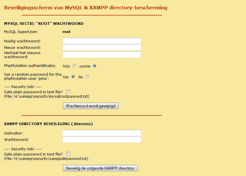 Vul een paswoord in dat veilig genoeg is. Via deze pagina wordt een paswoord ingesteld voor de MySQL Database, voor PhpMyAdmin en voor Apache (Xampp Directory beveiliging).