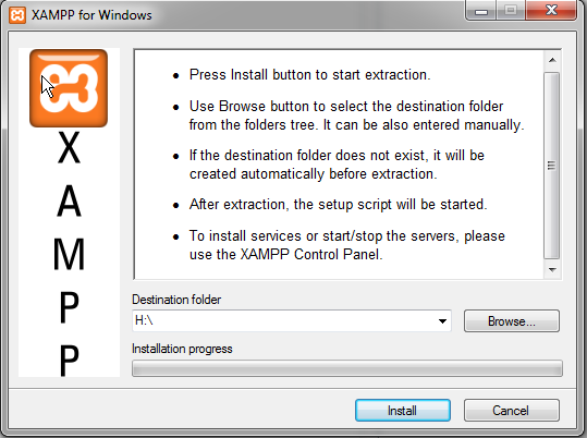Installatie Xamp op Externe harddisk: De H drive is mijn externe harddisk.