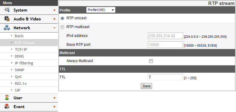 Netwerkinstellingen Basic RTP stream RTP (Real-time Transport Protocol) is een internetprotocol waardoor programma s multimediadata via unicast of multicast kunnen versturen.