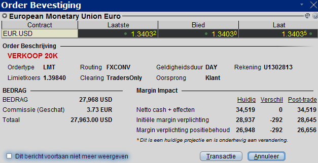 Vervolgens verschijnt er een order lijn. Vul in hoeveel euro's je wil verkopen (standaard staat dit op 20K = 20.000) Kies voor MKT (marktorder) of LMT (limietorder).