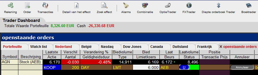 Indien je het order wil aanpassen, klik je op het veld dat je wil aanpassen en vervolgens op de ENTERtoets. In onderstaand geval wordt het aantal aangepast van 100 naar 200 aandelen.