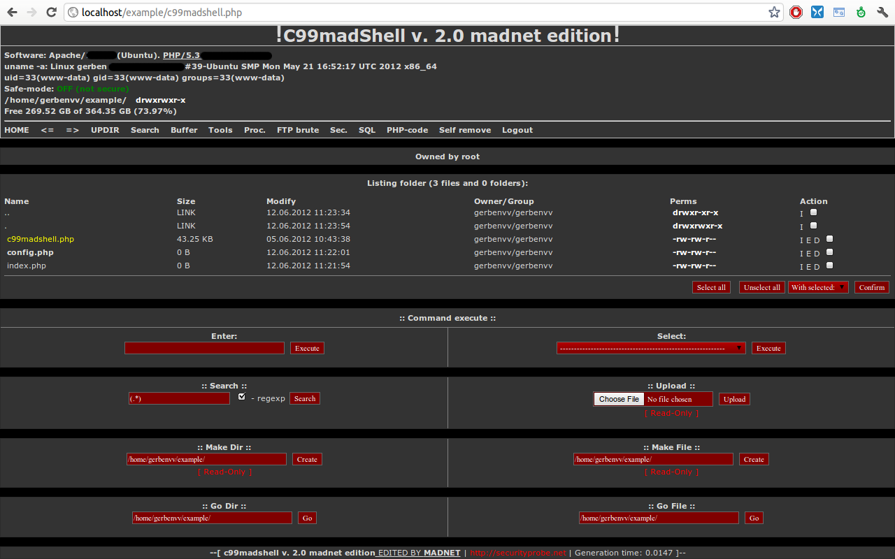 C99madShell C99madShell is een tool die gebruikt wordt voor het hacken van servers. Het is één lang PHP script, dat geupload moet zijn om hem te gebruiken.