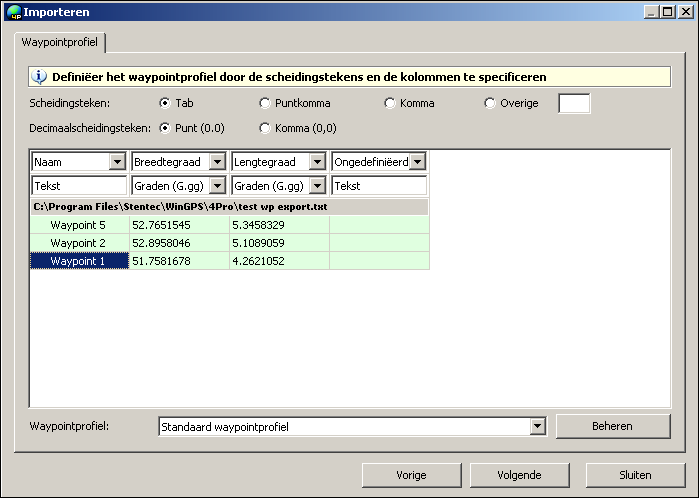 50. Importeren, exporteren en back-up Importeren en exporteren van waypoints Waypointlijsten in tekst formaat, GPX formaat of WinGPS 5 binair formaat (w5db) kunt u eenvoudig importeren en exporteren.