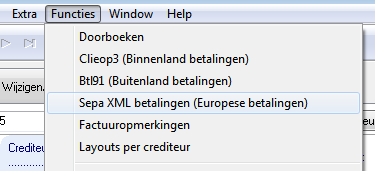 Het Sepa-programma van Dolfijn Voor het aanmaken van een betalingsbestand met de Sepa indeling kunt u in de debiteuren,- en/of crediteurenmodule gebruik maken van het menu Functies / Sepa XML