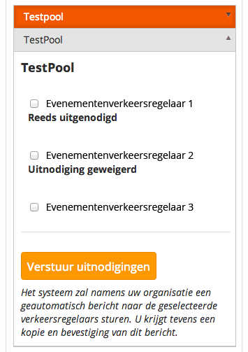 6 De organisatiepool toont nu een lijst met alle evenementenverkeersregelaars die in deze organisatiepool staan ingeschreven.