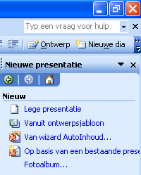 1a. Een presentatie opzetten Cursus Powerpoint 2003 Open Powerpoint en klik linksboven op Bestand en vervolgens op Nieuw.