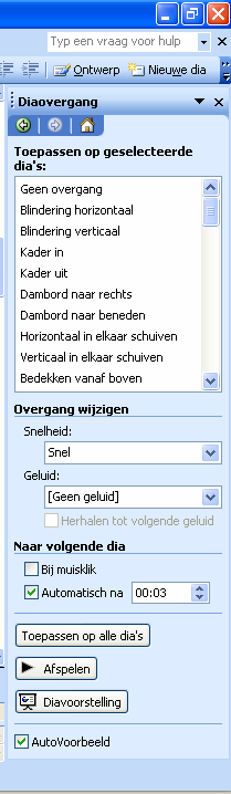 5c Diaovergang Voor een leuke overgang van de ene dia naar de andere dia ga je als volgt te werk: Klik op Diavoorstelling (bovenin op de menubalk) Er opent zich een nieuw menuscherm Klik hierin op