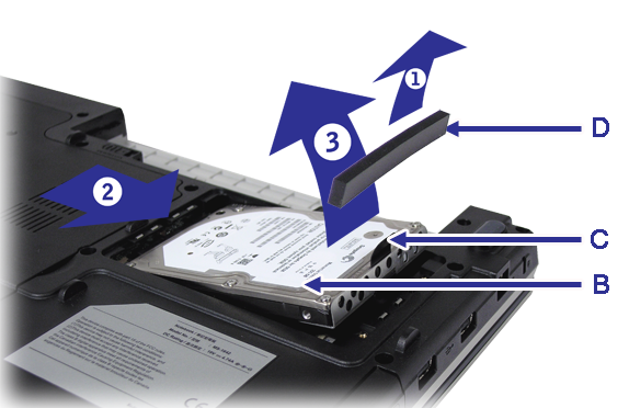 Uw computer configureren en upgraden Afbeelding 33: De harde schijf vervangen. 6. Verwijder de opvulling (D) tussen de vaste schijf (B) en het compartiment. 7.