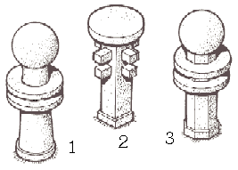 Pagina 43 van 96 Enkele voorbeelden van prûgts, variaties op het crana-teken, meestal uitgevoerd in graniet en een tot twee meter hoog. 1. gewone ronde prûgt met twee schijven en een bol; 2.